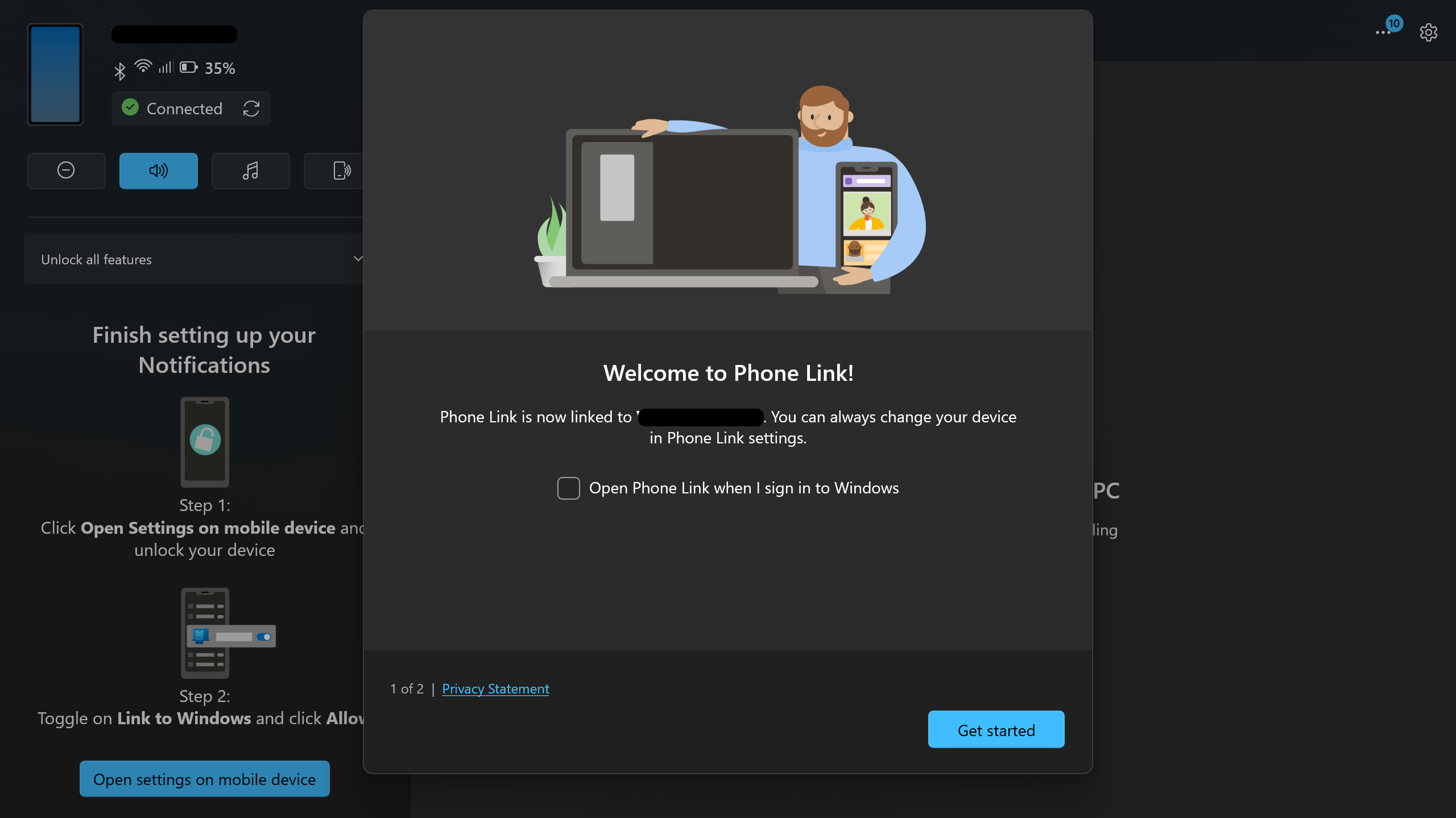 Image showing the first screen that says welcome to phone link after successfully connecting phone with a windows pc