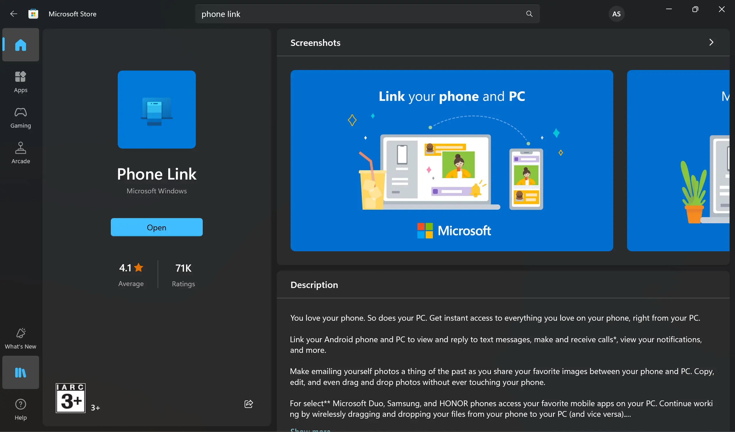 Image showing Phone Link application in Microsoft store